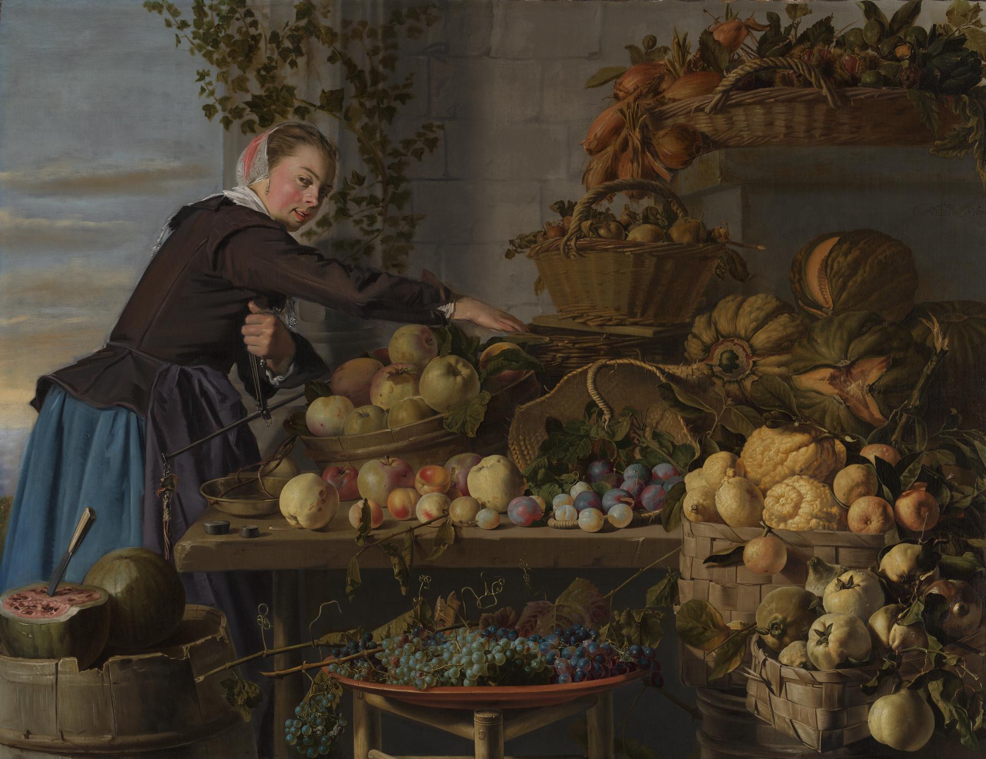 Young Woman with a Display of Fruit and Vegetables