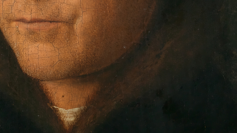 Detail of Jan van Eyck, 'Portrait of a Man (Self Portrait?)', 1433. A man's mouth and chin.