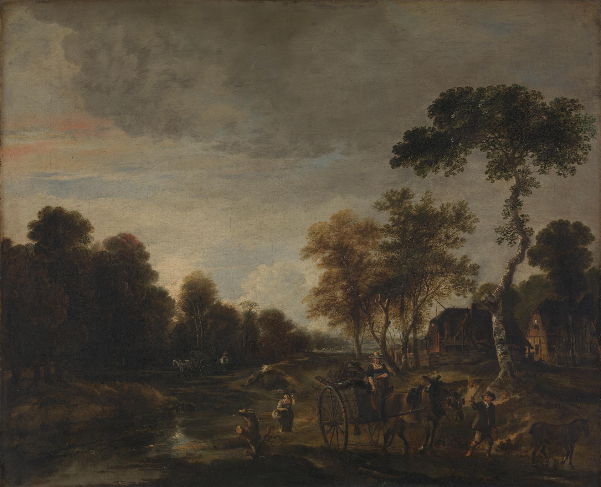 An Evening Landscape with a Horse and Cart by a Stream