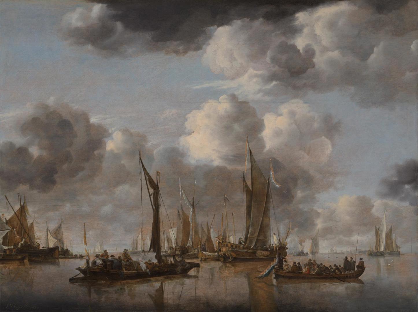 A Shipping Scene with a Dutch Yacht firing a Salute by Jan van de Cappelle