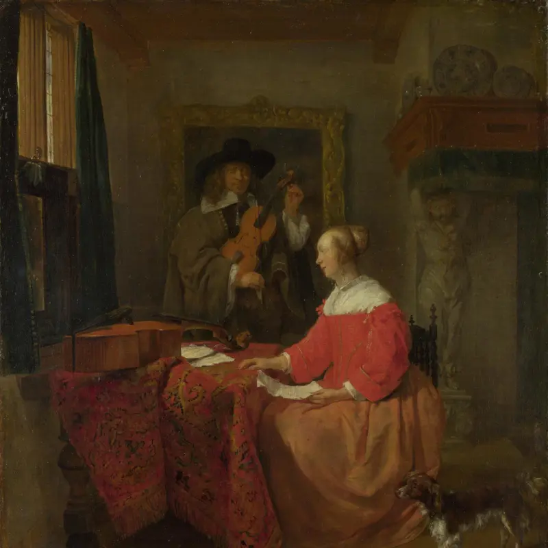 A Woman seated at a Table and a Man tuning a Violin