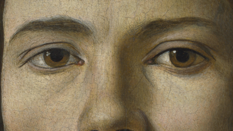 Detail of Sandro Botticelli, 'Portrait of a Young Man', probably about 1480-5. Man's eyes and nose.