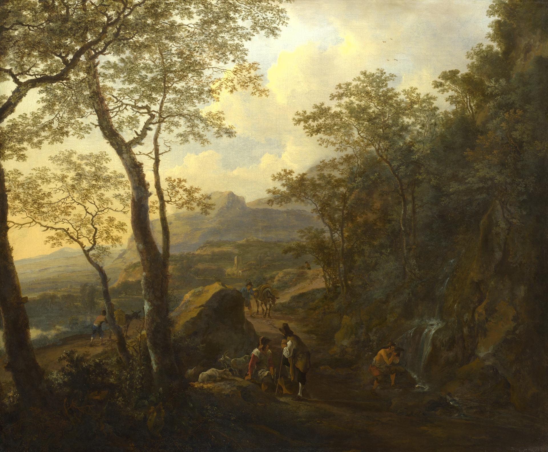 A Rocky Italian Landscape with Herdsmen and Muleteers