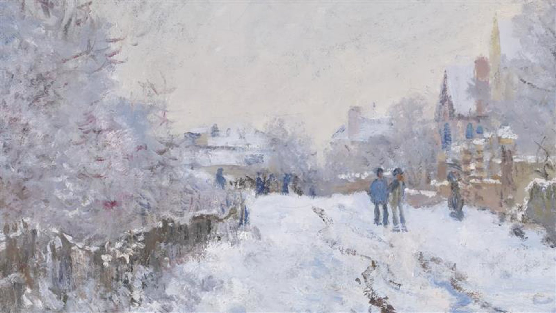 A snowy scene painting of a street with trees and houses