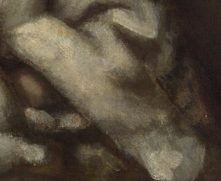 Detail of Hendrickje’s Fur Wrap, in Rembrandt, Portrait of Hendrickje Stoffels, 1654–6