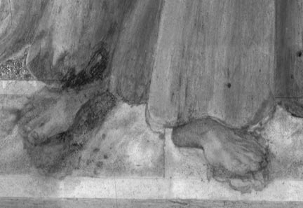 Infrared reflectogram of feet, from Sandro Botticelli, ‘Saint Francis of Assisi with Angels’