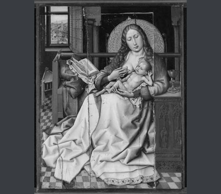 Follower of Robert Campin, ‘The Virgin and Child before a Firescreen’. After cleaning, before restoration.