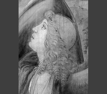 Infrared reflectogram detail, showing underdrawn head of the angel at lower right, ‘The Virgin and Child with an Angel’, National Gallery