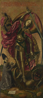 Bartolomé Bermejo, Saint Michael triumphant over the Devil with the Donor Antonio Juan, 1468