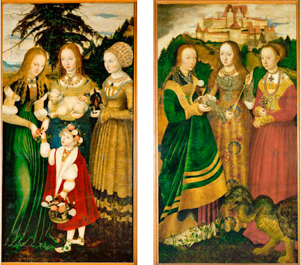 figs 9 b and c Lucas Cranach the Elder, ‘The St Catherine Altarpiece’, inner wing panels, 1506, Gemäldegalerie Alte Meister, Staatliche Kunstsammlungen Dresden © akg-images/Erich Lessing