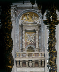 St Peter's, Rome, showing a tabernacle with the Solomonic columns from Old St Peter's seen through Bernini's later bronze baldacchin.