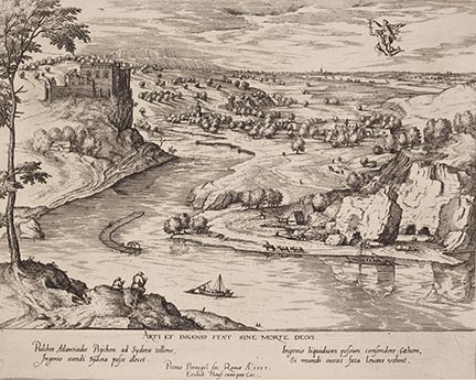 Simon Novellanus after Pieter Bruegel, ‘River Landscape with Mercury and Psyche’, about 1595, engraving and etching. The Trustees of the British Museum, London