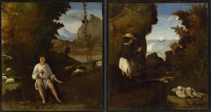 Third and fourth scenes scenes from Andrea Previtali, 'Scenes from Tebaldeo's Eclogues: The Story of Damon'