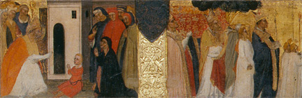 Giovanni del Biondo: Predella panel showing Saint Zenobius on the left restoring to life the French widow's son from 'Saint Zenobius Enthroned with Saints Eugenius and Crescentius'.