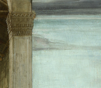 Sandro Botticelli: Detail with underdrawing of an arcade visible beneath the sky from 'The Adoration of the Kings'.
