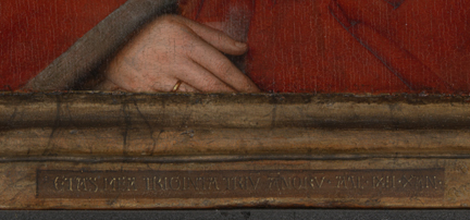 Jan van Eyck: 'Margaret, the Artist's Wife', 1439, detail of the lower frame moulding