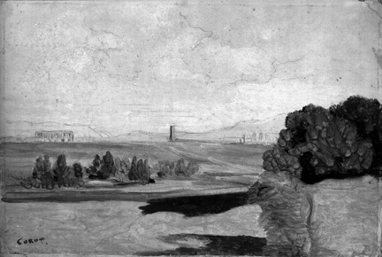 Infrared photograph of Corot, 'The Roman Campagna, with the Claudian Aqueduct', probably 1826