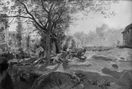 Infrared photograph of Corot, 'Peasants under the Trees at Dawn', about 1840-5