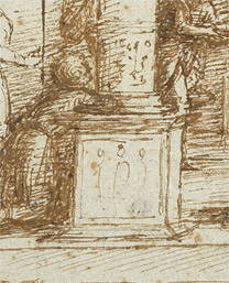 Lorenzo Costa: Detail of base column from 'Christ in the House of Simon the Pharisee'.