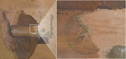 Detail of the reverse, rotated 90 degrees clockwise. The trade label of the artists’ supplier, Lefranc et Cie, is visible beneath the roughly painted sketch