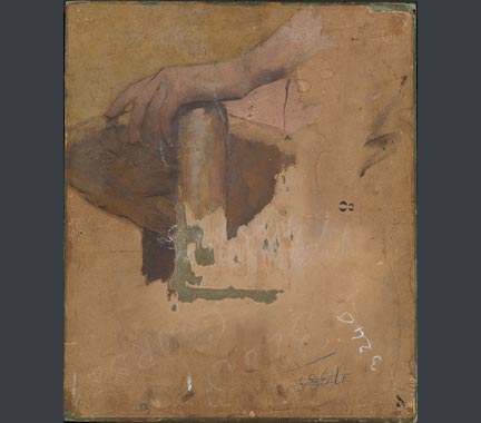 Sketch of a hand resting on a studio stool on the back of the painting’s millboard support. The image is rotated 180 degrees