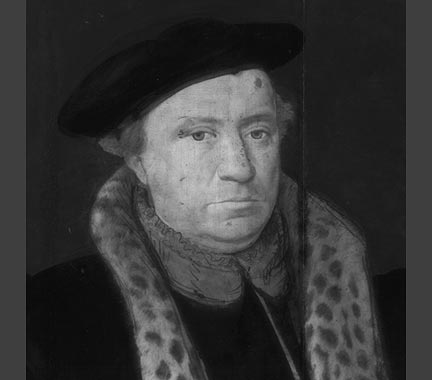 Attributed to Michiel Coxcie, 'A Man with a Skull'. Infrared reflectogram, detail of head.