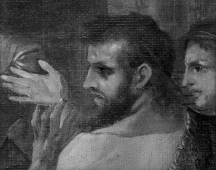 Detail from ‘The Plague at Ashdod (after Poussin)’, showing tracing lines in lead white at the outlines of the foreground figures