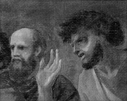 Detail from ‘The Plague at Ashdod (after Poussin)’, showing tracing lines in lead white at the outlines of the foreground figures