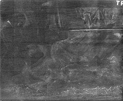 X-radiograph of Pieter de Hooch, 'A Man with Dead Birds, and Other Figures, in a Stable', detail of lower right