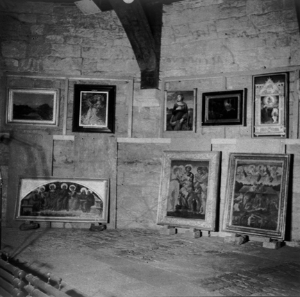 Paintings stored on the lower floor of the Eagle Tower, Caernarvon Castle during the Second World War, prior to transfer to Manod Quarry in 1941