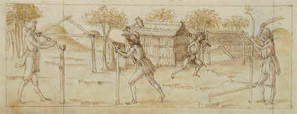 Antonio Filarete: Drawing of people building primitive structures in 'Trattato d'architettura'.