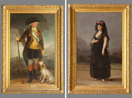 Francisco de Goya, Charles IV in Hunting Dress, 1799. (left) Francisco de Goya, María Luisa wearing a Mantilla, 1799. (right) Colecciones Reales, Patrimonio Nacional, Palacio Real de Madrid © Patrimonio Nacional