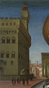 Attributed to Francesco Granacci: Detail of background showing Palazzo Vecchio from 'Portrait of a Man in Armour'.