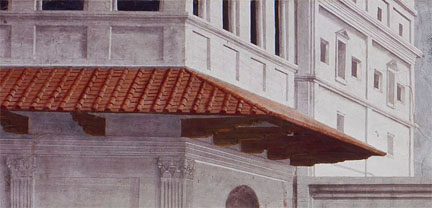 Masaccio: Detail showing architecture in the background from 'The Raising of the Son of Theophilus'.