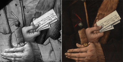 Detail of Master of the Mornauer Portrait, 'Portrait of Alexander Mornauer', about 1464-88, reflectogram, comparison with original