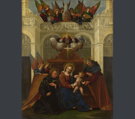 Lodovico Mazzolino: 'The Holy Family with Saint Nicholas of Tolentino'.
