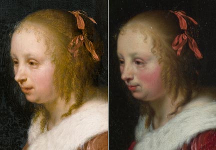 Comparison of 'A Young Woman feeding a Parrot', Private Collection, and 'A Woman in a Red Jacket feeding a Parrot', National Gallery, details of head