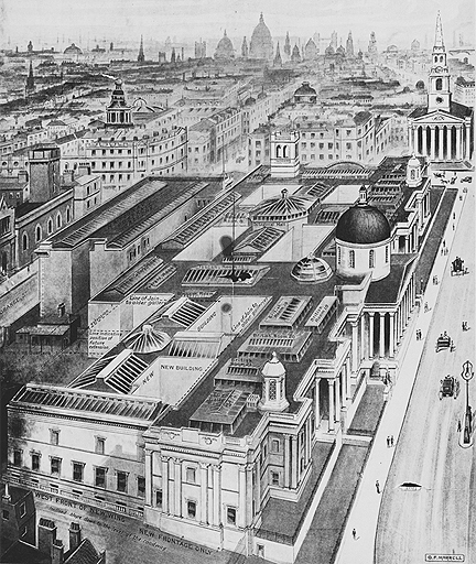 A print of the National Gallery in 1910, indicating new buildings