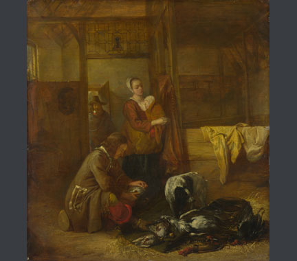 Pieter de Hooch, 'A Man with Dead Birds, and Other Figures, in a Stable', about 1655