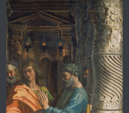 Raphael: Detail showing the light on the Solomonic columns, with the Holy of Holies in the background, from 'The Healing of the Lame Man'.