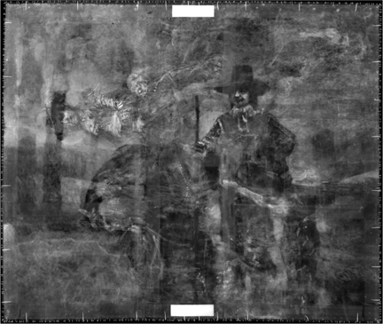 An X-ray image of Rembrandt, ‘Portrait of Frederick Rihel on Horseback’, probably 1663. A standing figure, not visible when viewed under normal light, can be observed when the X-radiograph is rotated anti-clockwise by 90°.