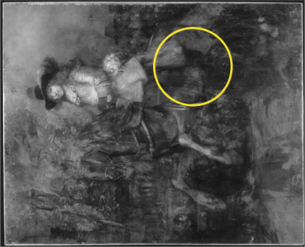 An infrared image of Rembrandt, ‘Portrait of Frederick Rihel on Horseback’, probably 1663, rotated anti-clockwise by 90.