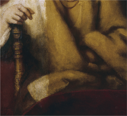 Detail of Rembrandt, 'Portrait of Hendrickje Stoffels', 1654-6, during cleaning
