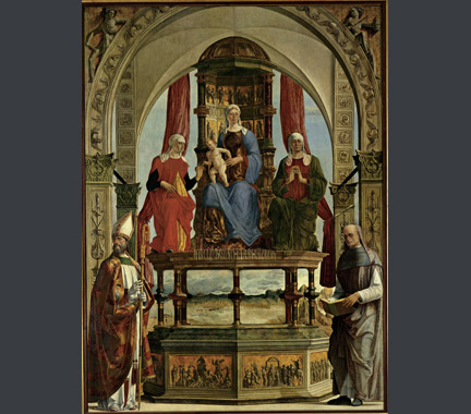 Ercole de' Roberti: 'Madonna with Child and Saints'.