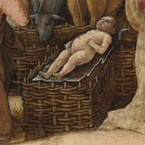 Ercole de' Roberti: Detail showing the woven hurdles and rigid Christ Child from 'The Nativity'.