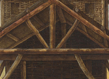 Ercole de' Roberti: Detail showing the structural supports of the stable from 'The Nativity'.