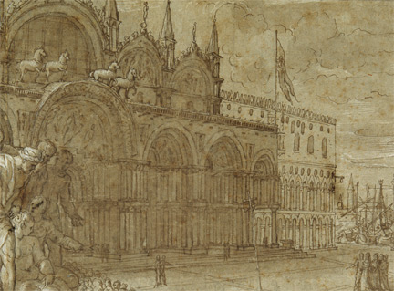 Giuseppe Porta, called Salviati: Detail showing San Marco and the Molo from  'The Reconciliation between Pope Alexander III and Frederick Barbarossa, in the presence of Doge Sebastiano Ziani'