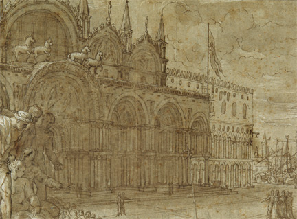 Giuseppe Porta, called Salviati: Detail showing San Marco and the Molo from 'The Reconciliation between Pope Alexander III and Frederick Barbarossa, in the presence of Doge Sebastiano Ziani'