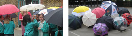 pupils experimenting with umbrellas in the playground