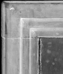 Detail from the x-radiograph of the upper-right corner of 'Margaret, the Artist's Wife' painting by Jan van Eyck, 1439